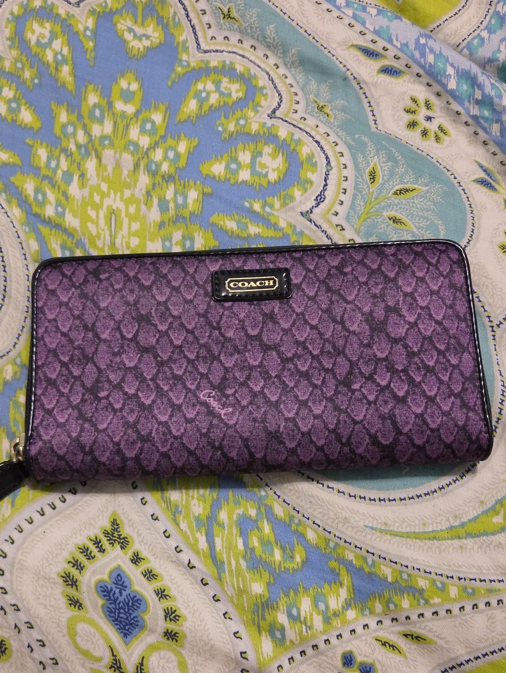 Coach Purple Satiny Textured Print Animal Print Snake Pattern Zip-Around Wallet